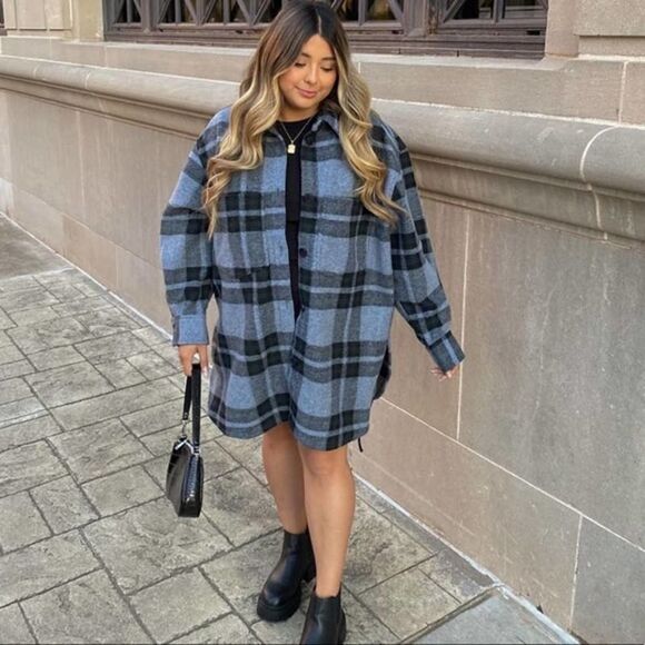 H&M Felted Shacket Shirt Jacket Blue Plaid New - Picture 7 of 12